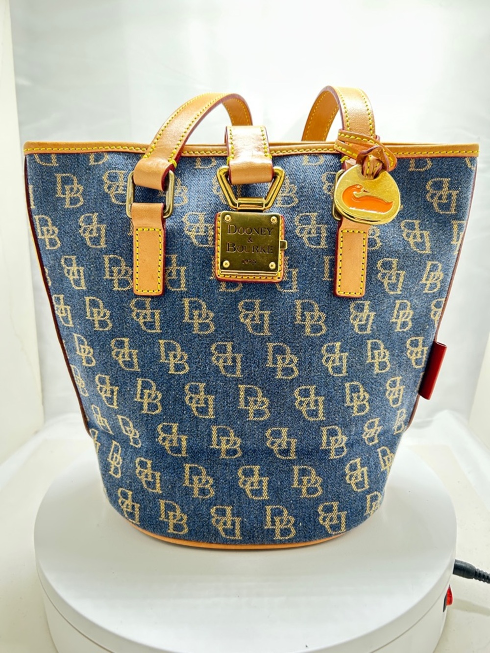 Dooney & Bourke, Signature Logo Blue Denim And Gold Shoulder Bucket Bag, NWOT